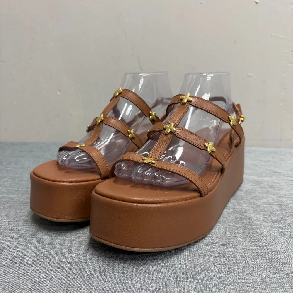 Larroude Platform Sandals Womens 9 Tan Leather Gold Floral Strappy Gladiator V58